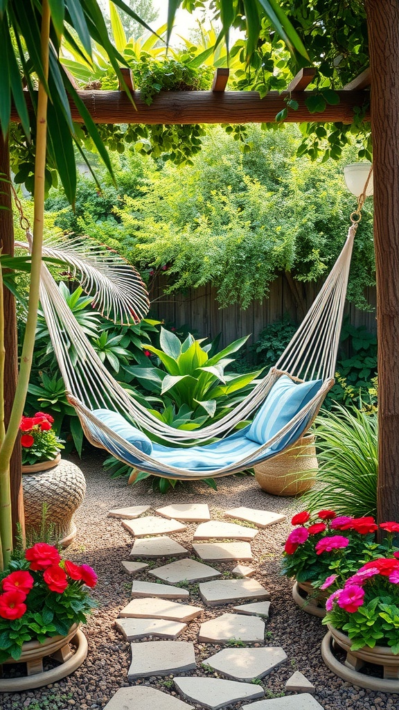 A cozy hammock lounge area surrounded by lush greenery and colorful flowers.
