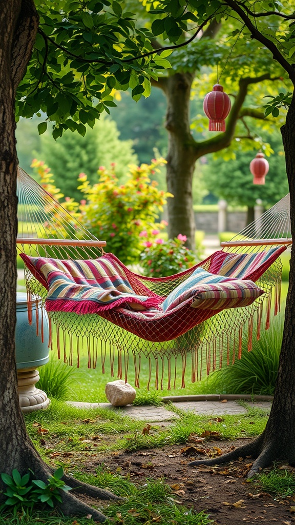 A colorful hammock nestled between trees in a garden, surrounded by greenery and decorative lanterns.