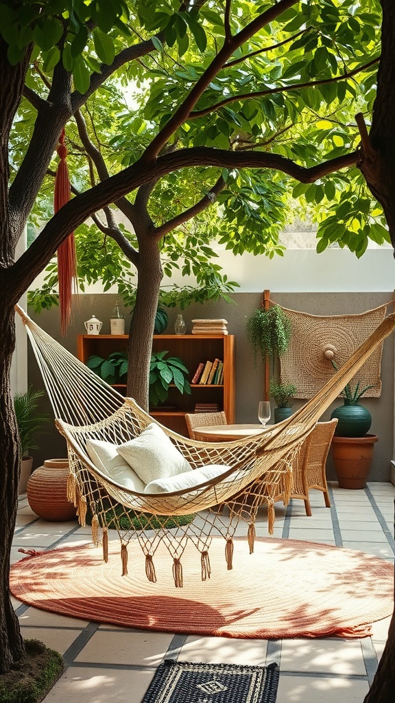 A cozy hammock surrounded by trees, with cushions and a stylish outdoor setting.
