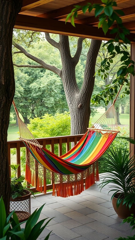 A colorful hammock hanging on a back porch surrounded by greenery