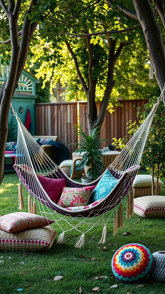 A cozy hammock surrounded by colorful pillows and lush greenery in a Boho garden.