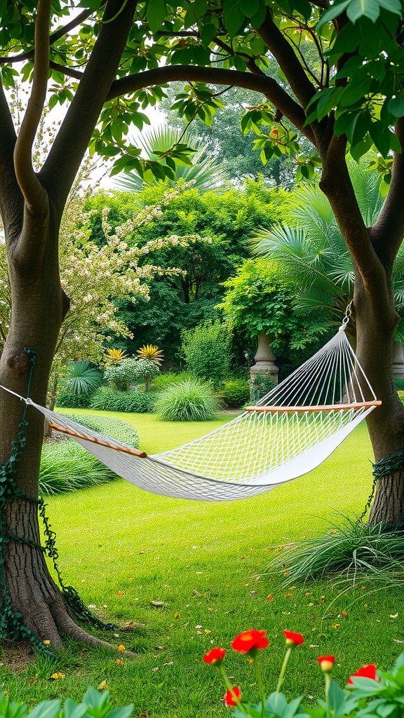 A white hammock suspended between two trees in a lush green garden with colorful flowers.