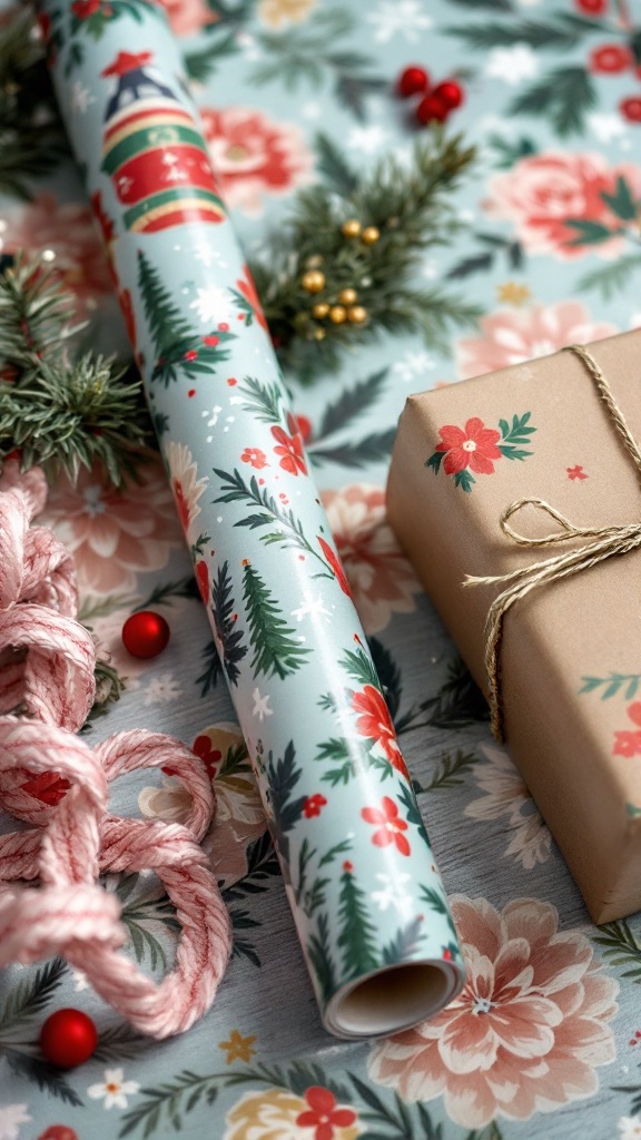 Hand-painted Christmas wrapping paper with flowers and trees, alongside a gift and decorative elements.