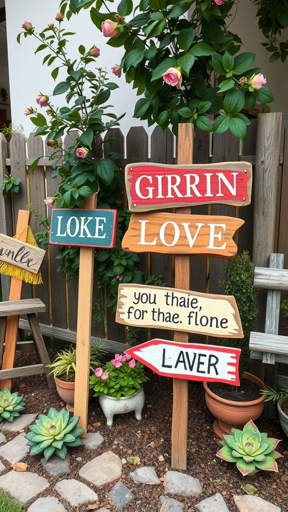 Colorful hand-painted garden signs with whimsical messages amidst greenery and flowers.