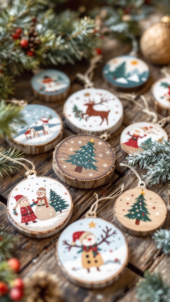 A collection of hand-painted wooden ornaments featuring winter and holiday themes.