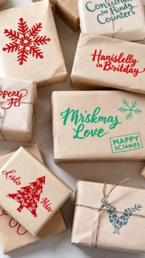 Hand-stamped Christmas gift packages with various designs and colors