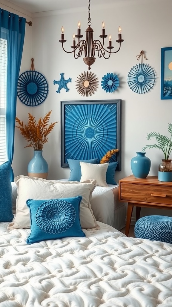 A vibrant blue boho bedroom featuring handcrafted blue decor elements, textured pillows, and decorative plants.