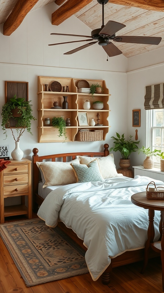 A cozy farmhouse chic bedroom featuring a wooden bed, open shelving with decor items, and natural light from a window.