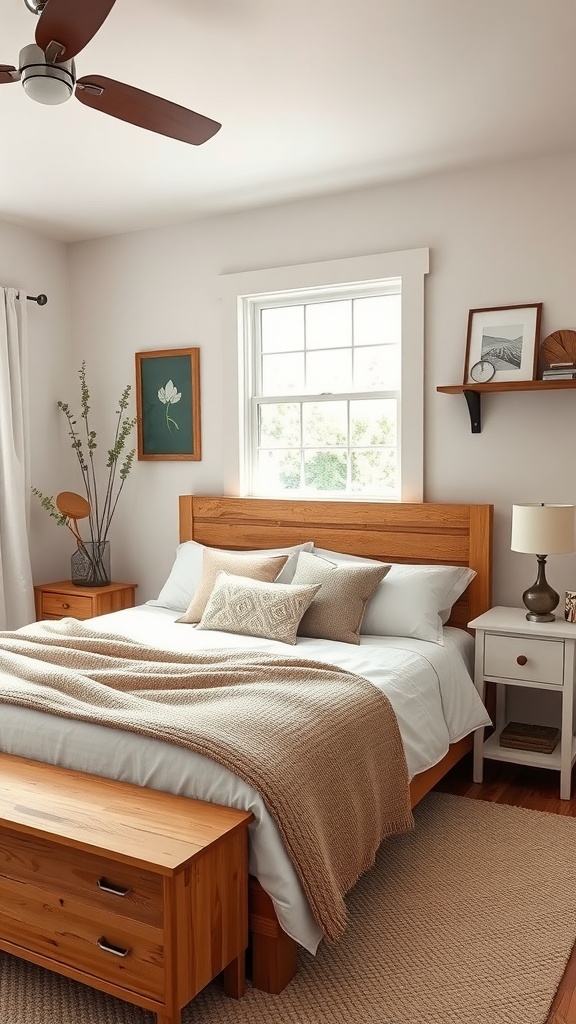 A modern farmhouse bedroom with wooden furniture, soft bedding, and handcrafted decor elements.