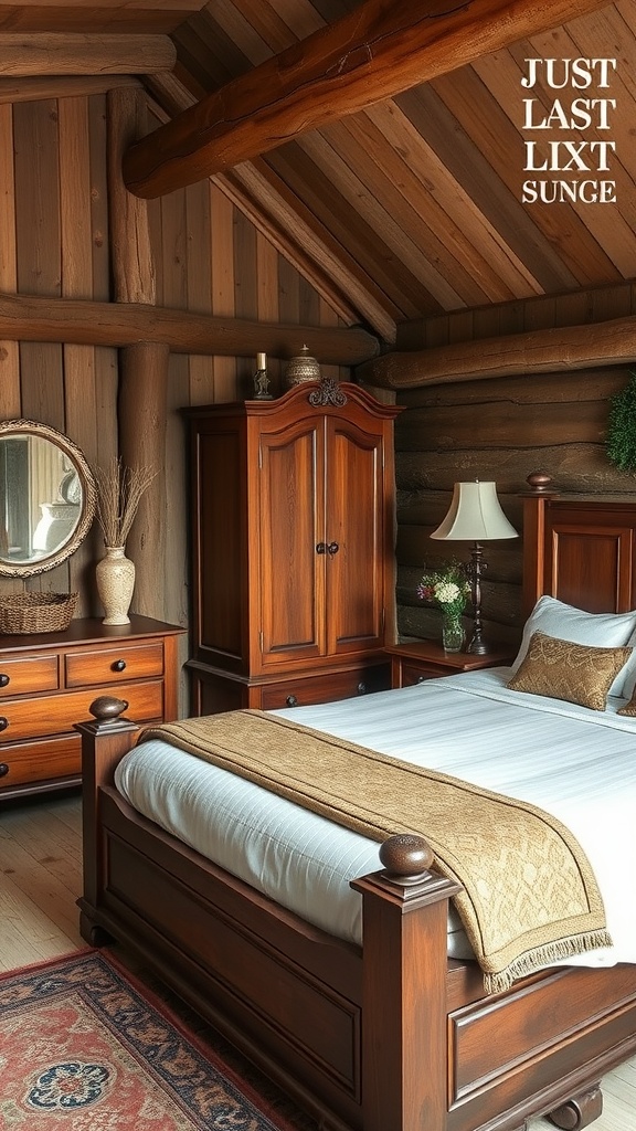 A rustic boho style bedroom featuring handcrafted wooden furniture, including a bed frame, armoire, and decorative elements.