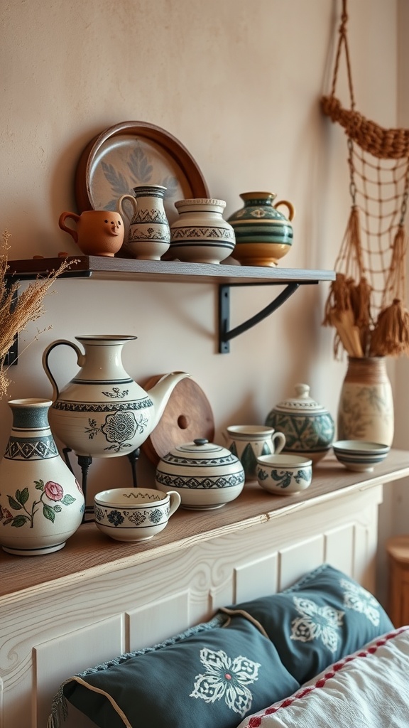 A selection of handcrafted pottery and ceramics displayed on a shelf in a cozy bedroom.