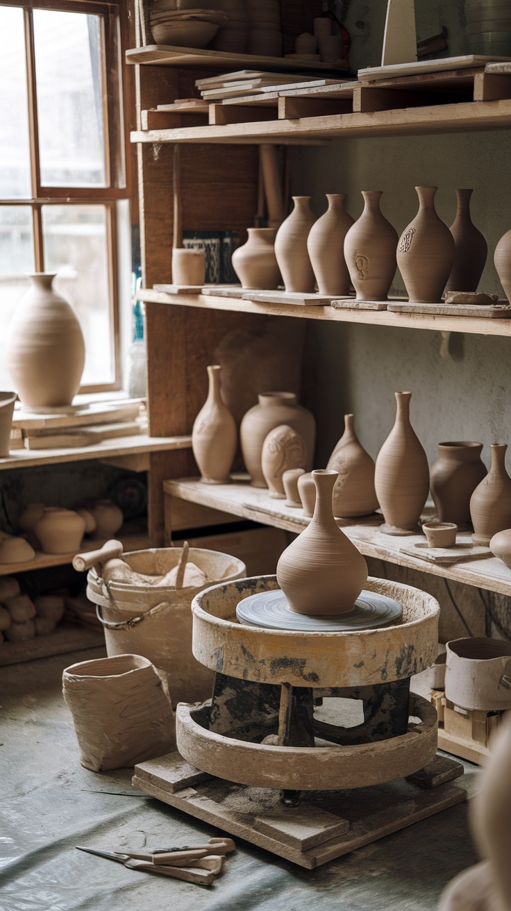 Pottery workshop with shelves of clay pots and pottery wheel.