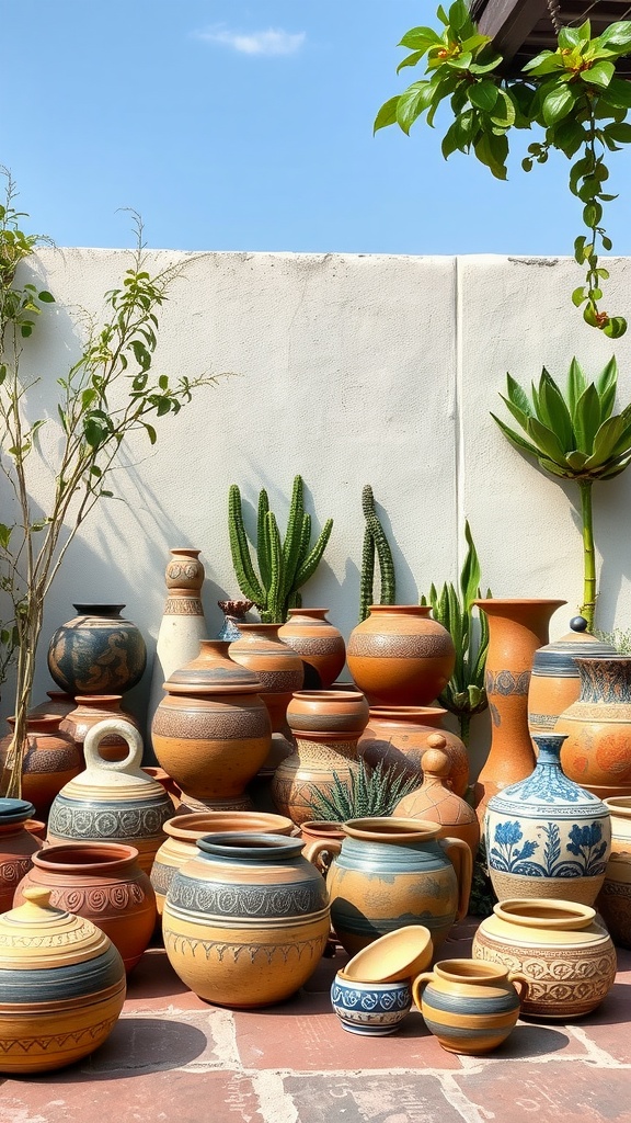 A collection of handcrafted pottery displayed in a sunny outdoor space, surrounded by greenery.
