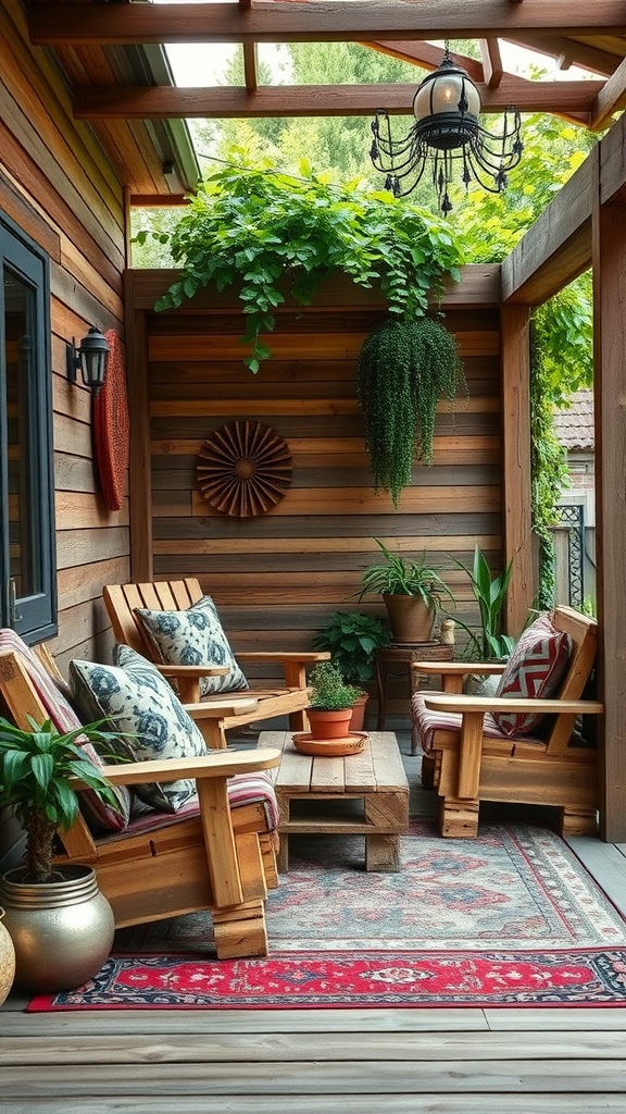 A cozy back porch featuring handcrafted wooden pallet furniture, plants, and a patterned rug.
