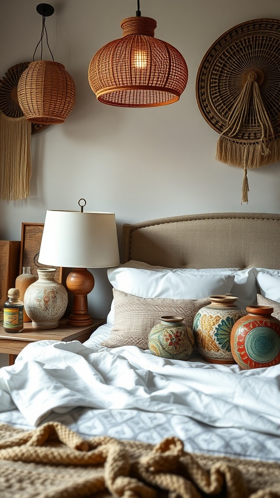 A cozy boho bedroom featuring handmade pottery lamps and woven lighting fixtures.