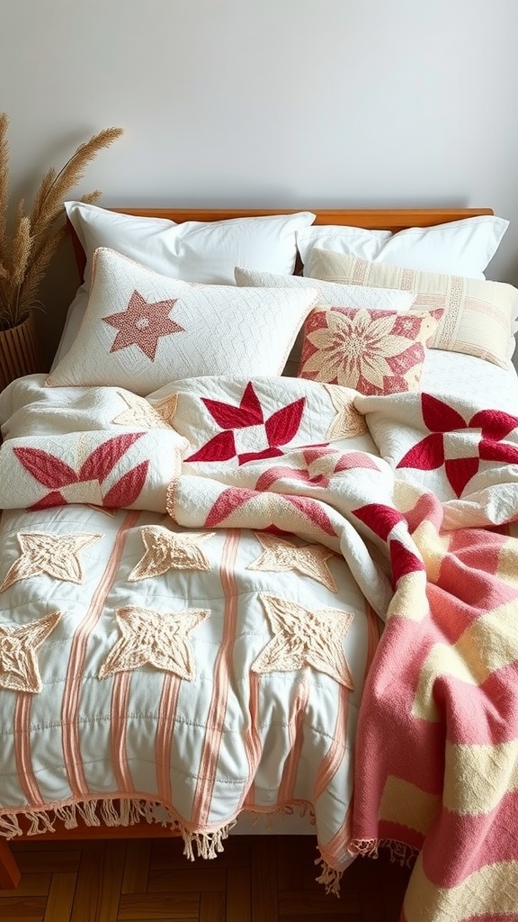 A cozy bed with handmade quilts and throws featuring star-shaped designs and warm colors