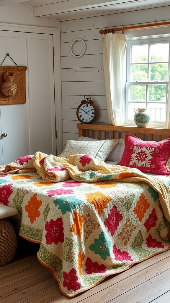 A colorful handmade quilt on a bed in a cozy farmhouse chic bedroom