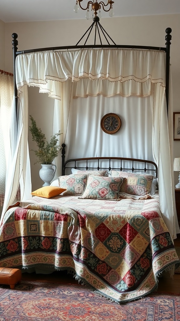 A cozy boho bedroom featuring a canopy bed with a colorful handmade quilt.