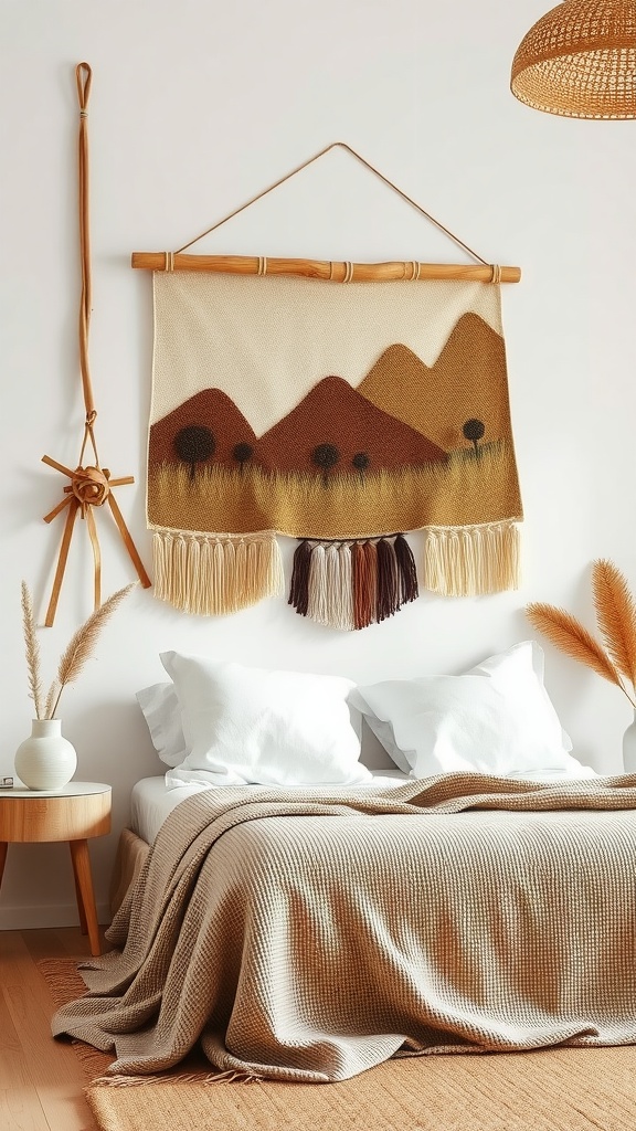 Handmade wall hanging featuring mountains and earthy tones in a cozy bedroom