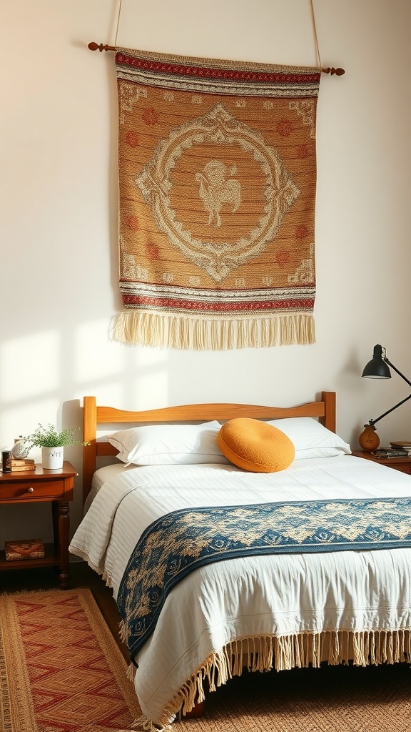 A handwoven tapestry featuring a rooster design, hanging above a bed in a rustic boho style bedroom.