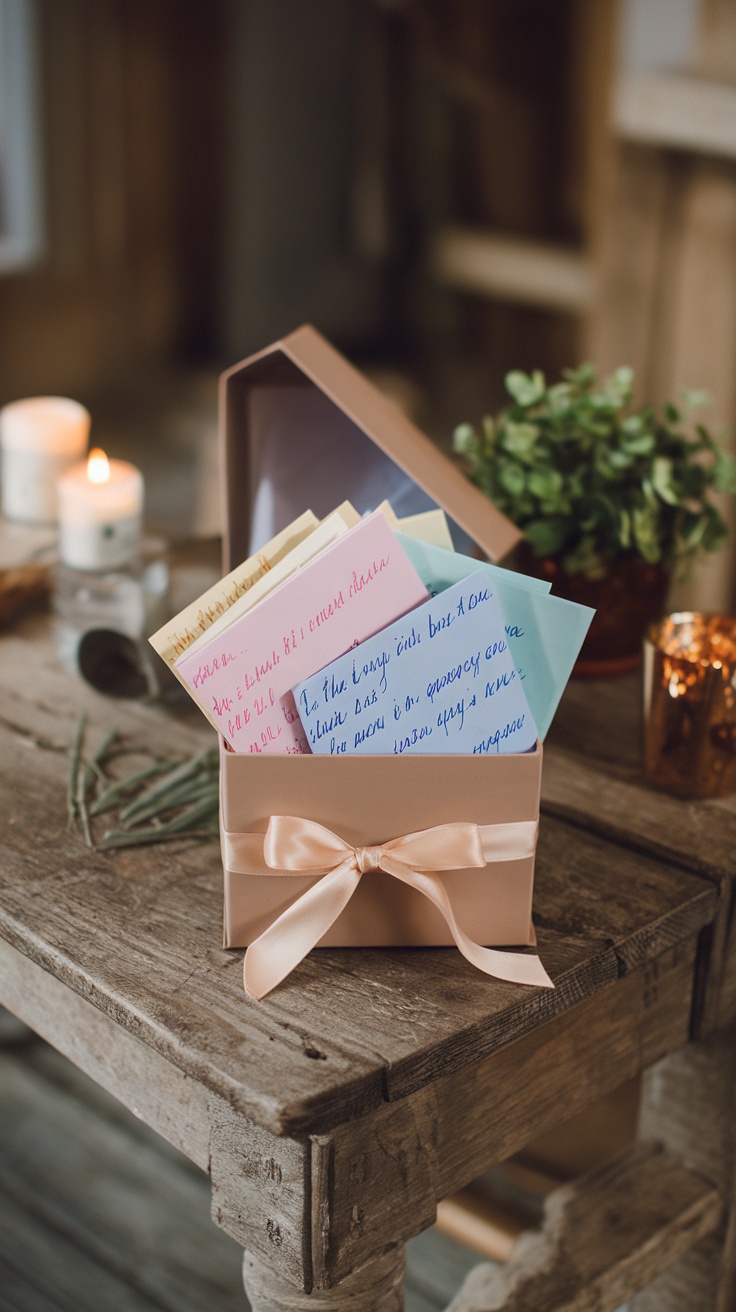 A decorative box filled with colorful handwritten letters, sitting on a rustic wooden table.