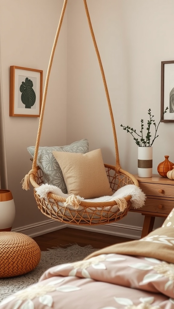 A cozy hanging chair with pillows in a rustic boho style bedroom.