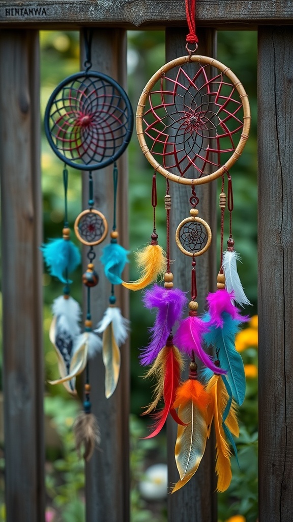 Colorful dreamcatchers with feathers hanging on a wooden garden fence