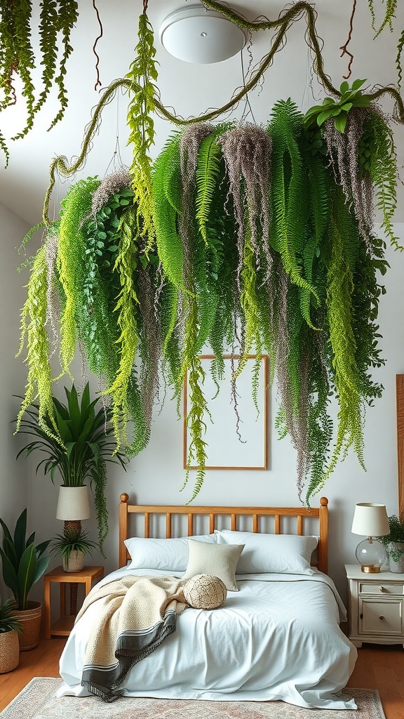A beautifully decorated bedroom featuring hanging ferns and vines, creating a cozy jungle atmosphere.