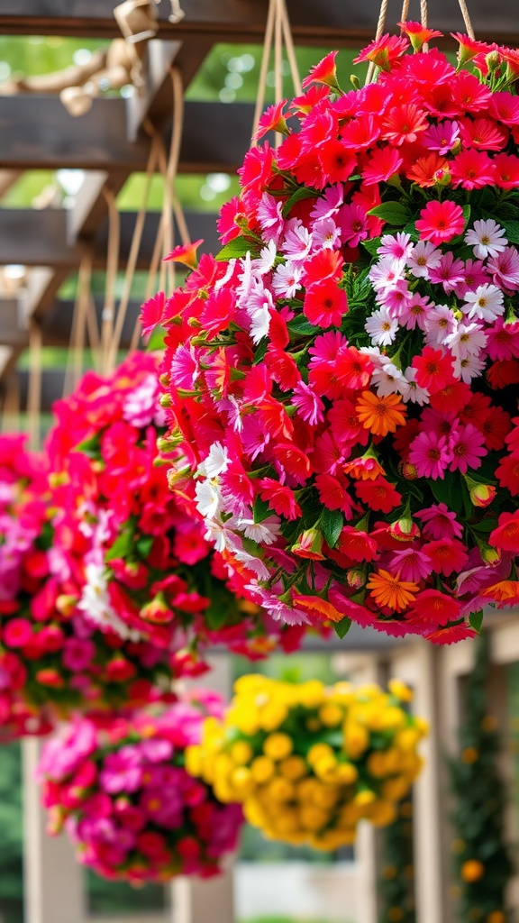Colorful hanging flower baskets with red, pink, and yellow blooms.