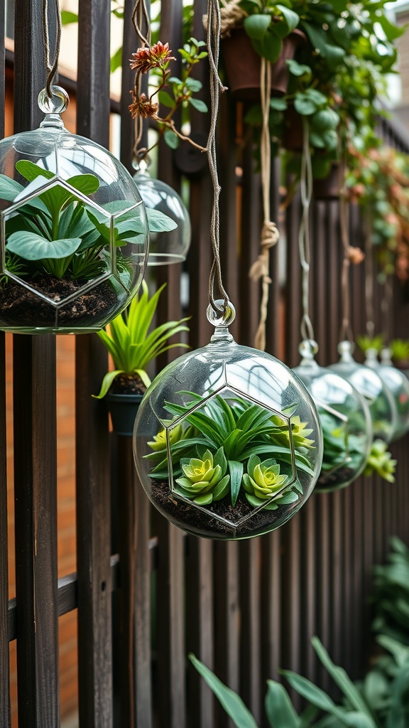 Hanging glass terrariums filled with vibrant plants on a wooden fence.