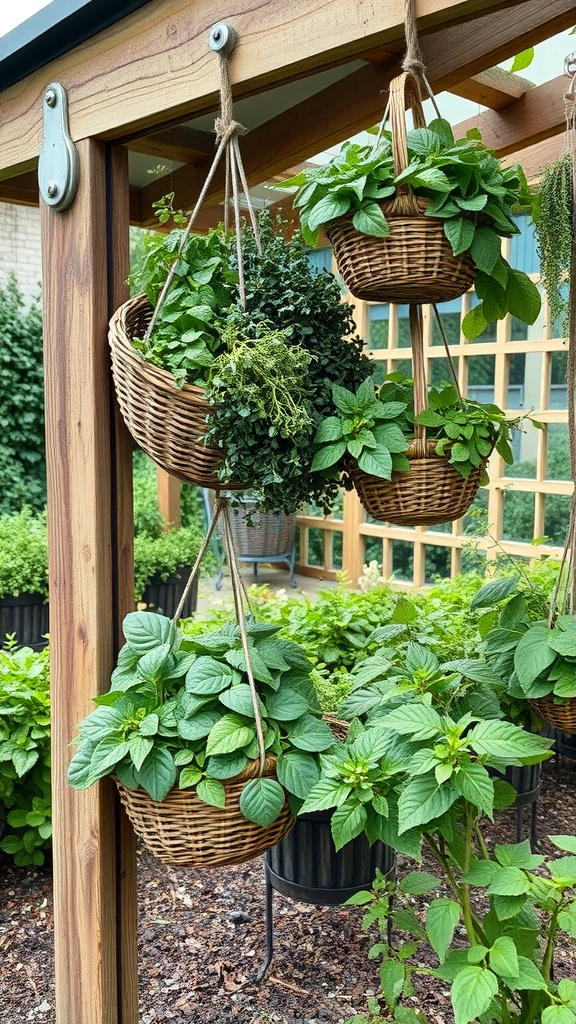 Hanging herb baskets filled with various herbs in a garden setting
