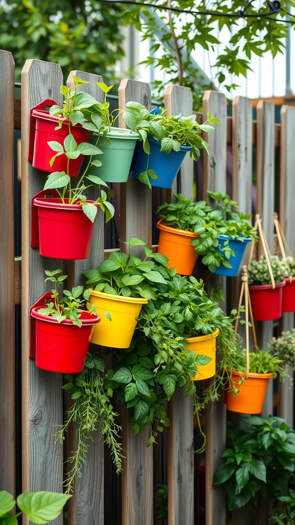 Colorful hanging herb garden in pots on a wooden fence