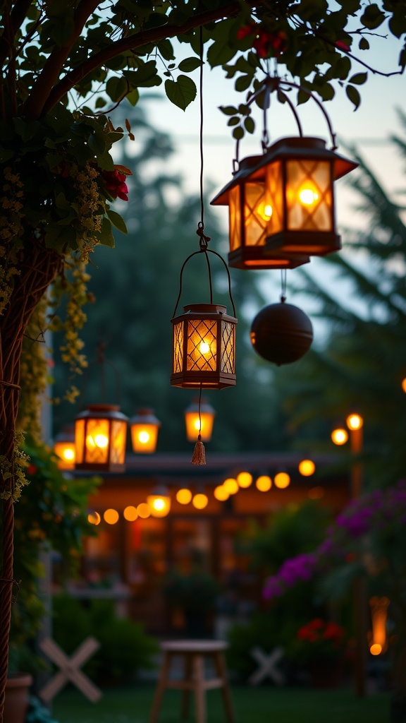Hanging lanterns glowing softly in a garden setting