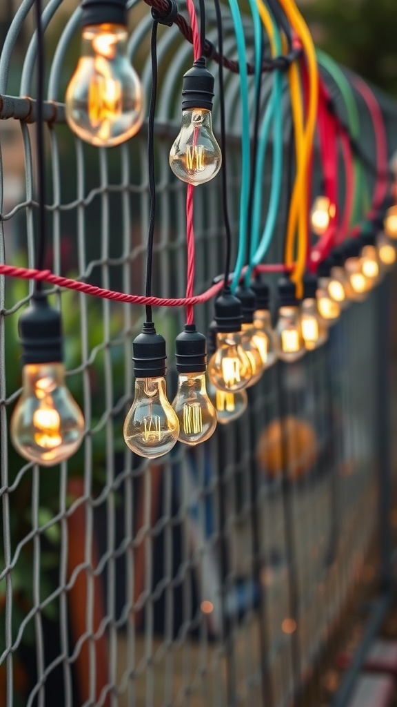 Colorful hanging light bulbs on a garden fence