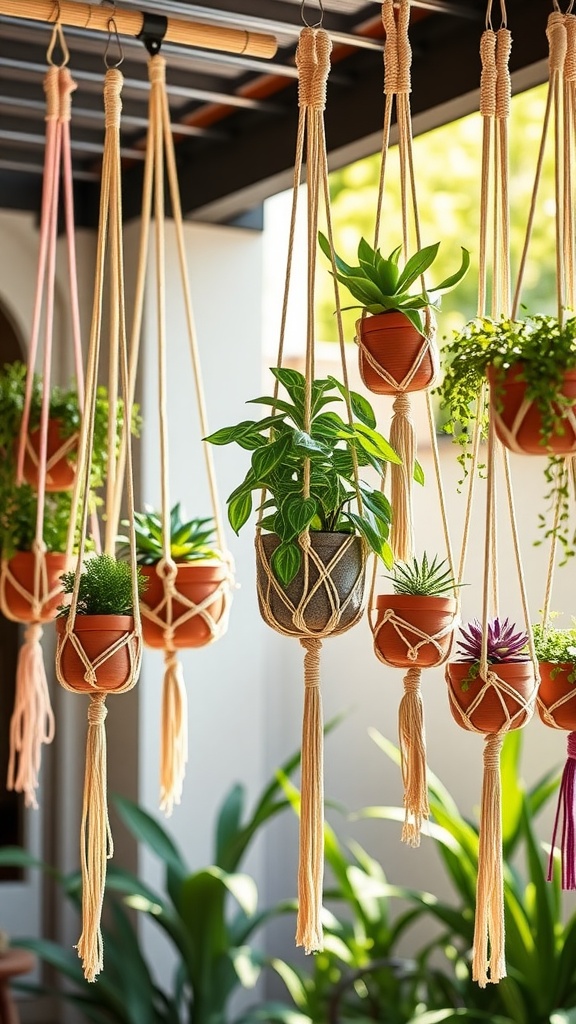A collection of hanging macramé planters with various plants in them, creating a boho aesthetic.