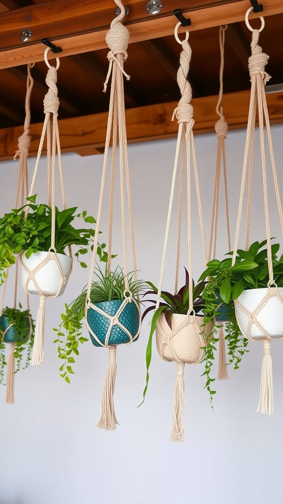 A collection of hanging macramé planters with various green plants.