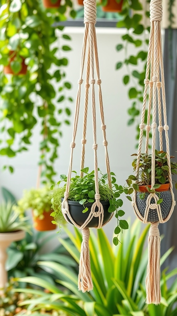 Hanging macramé planters with lush green plants in a vibrant garden setting