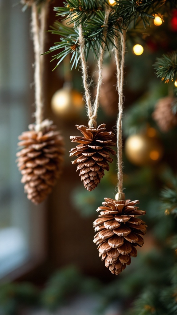 Hanging pinecone ornaments on a Christmas tree