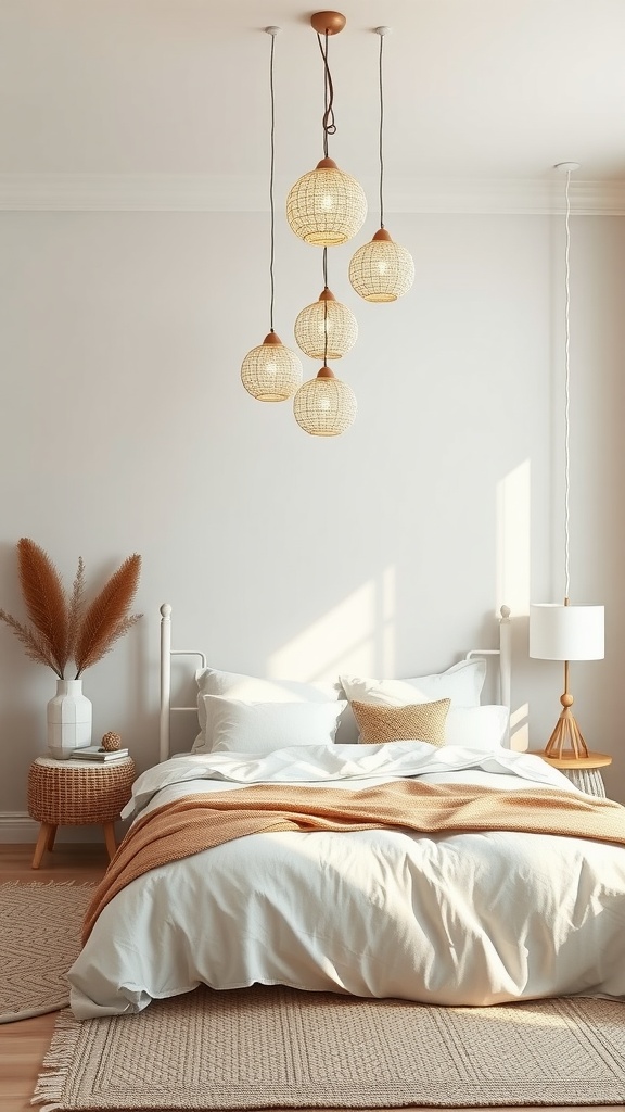 A cozy boho bedroom featuring hanging sphere lights above the bed, with a light color palette and minimalistic decor.