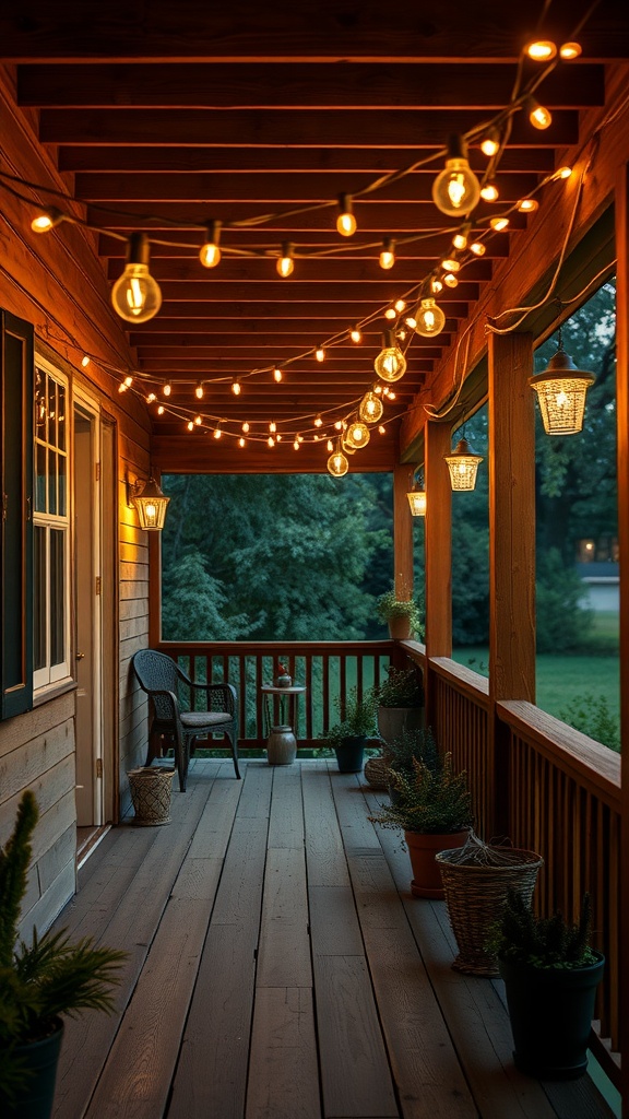 A farmhouse back porch illuminated with hanging string lights, surrounded by potted plants and cozy seating.