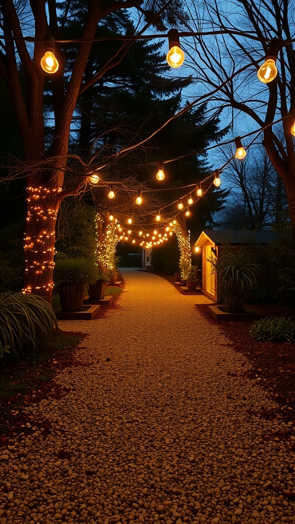 A cozy gravel pathway illuminated by hanging string lights.
