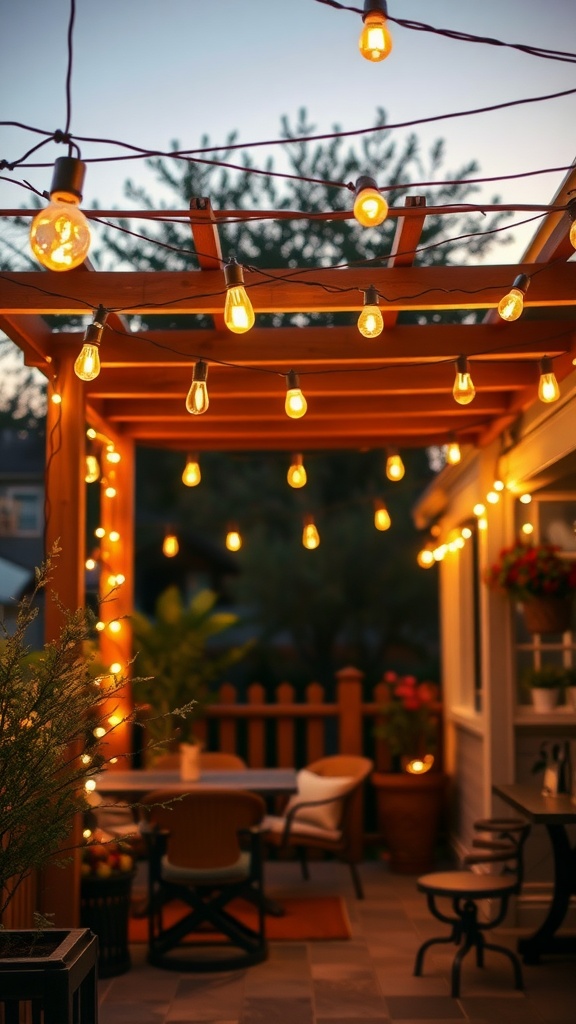 A cozy farmhouse patio illuminated with hanging string lights, showcasing a warm and inviting atmosphere.