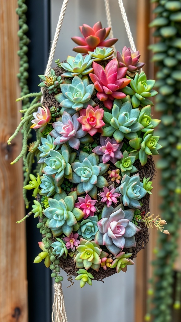 A vibrant hanging succulent garden featuring various colors and shapes.
