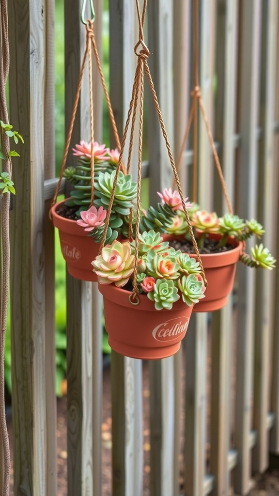 Hanging succulent planters on a wooden fence