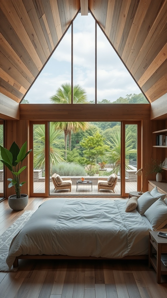 A rustic boho bedroom featuring large windows overlooking a lush garden, with wooden walls and a cozy decor.