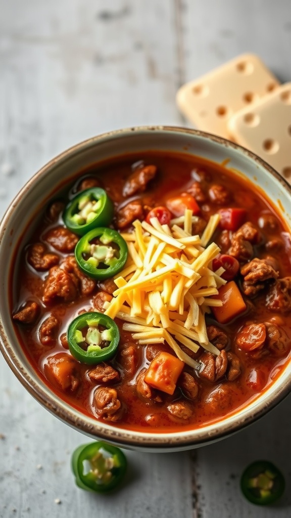 A bowl of hearty beef chili topped with cheese and jalapeño slices.