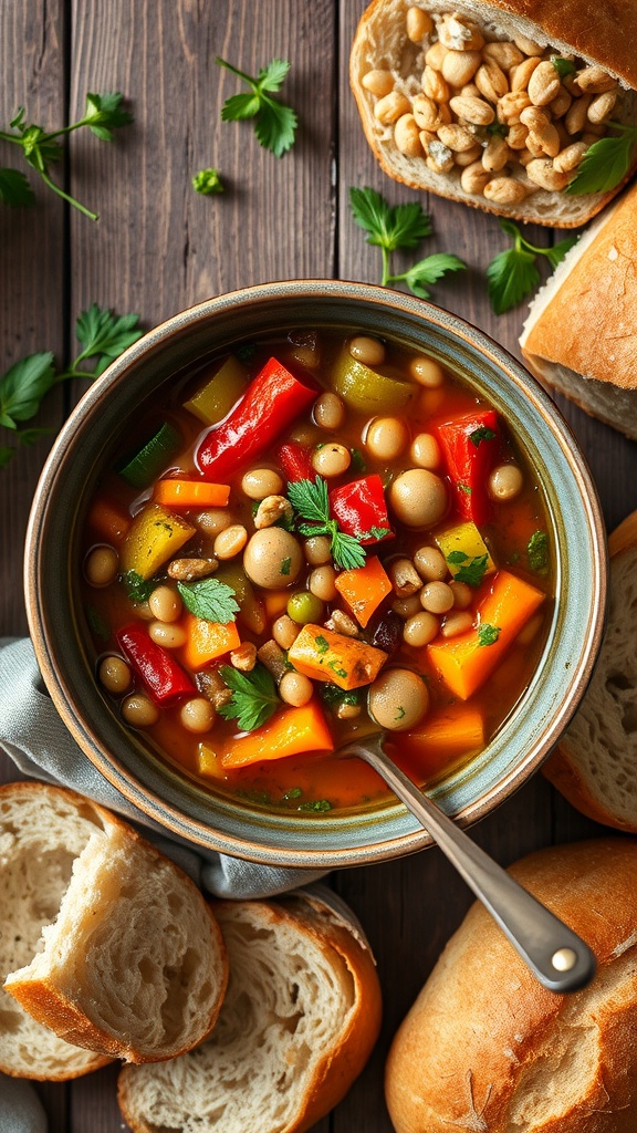 A bowl of hearty vegetable and lentil soup surrounded by fresh bread.