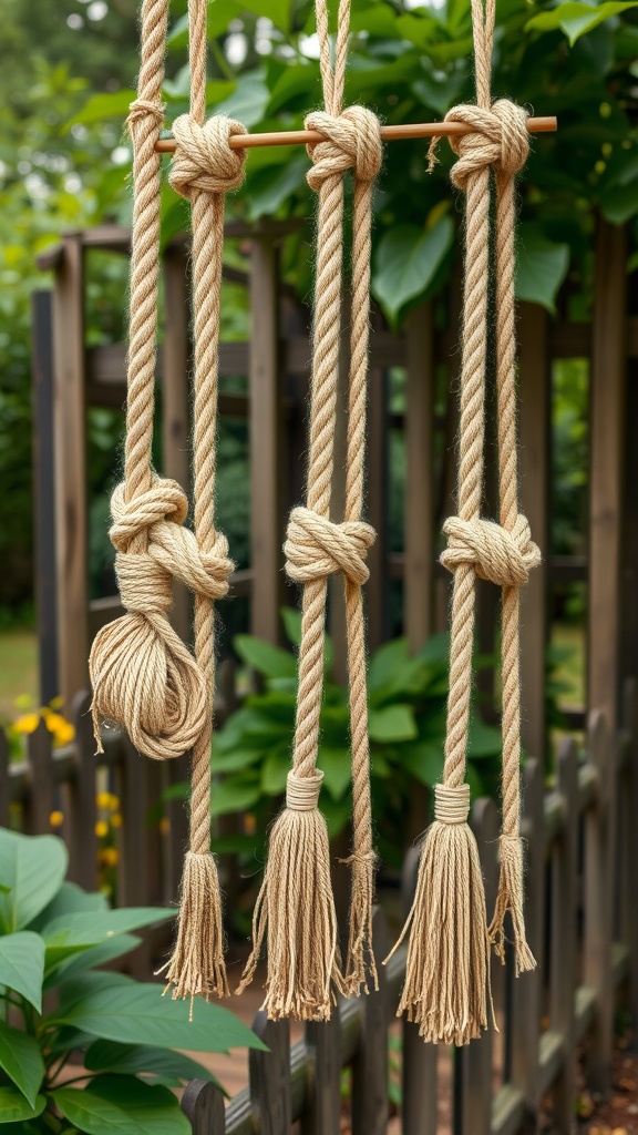 Hemp rope wall hangings with various knots hanging in a garden