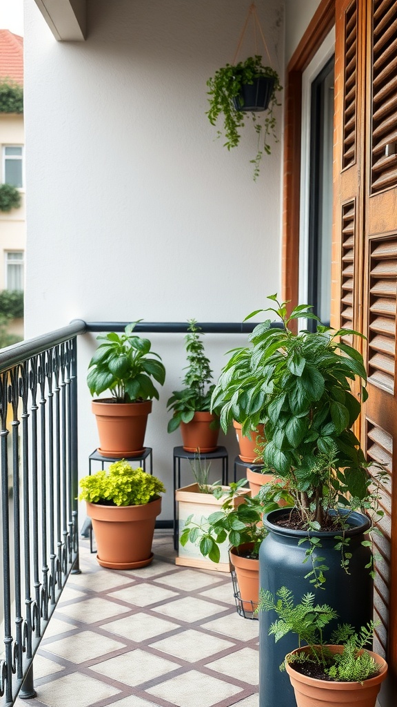 A balcony with various potted herbs, creating a cozy outdoor garden.