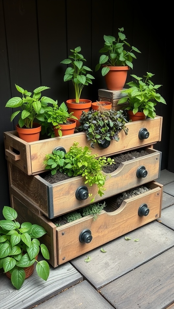 An herb garden made from old wooden drawers filled with various potted plants.